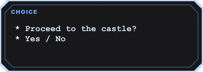 Original TextKits choice-style pixel text box asking proceed to the castle