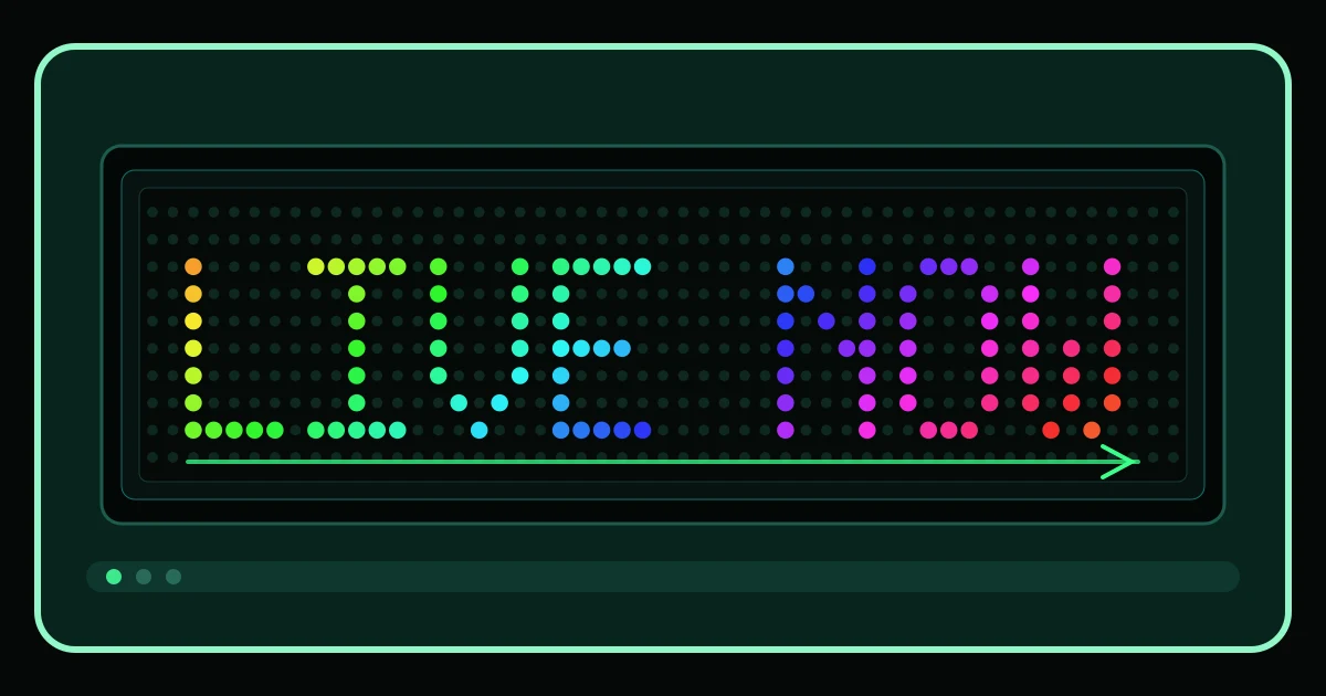 LED scrolling text generator preview showing LIVE NOW in rainbow dot-matrix LEDs