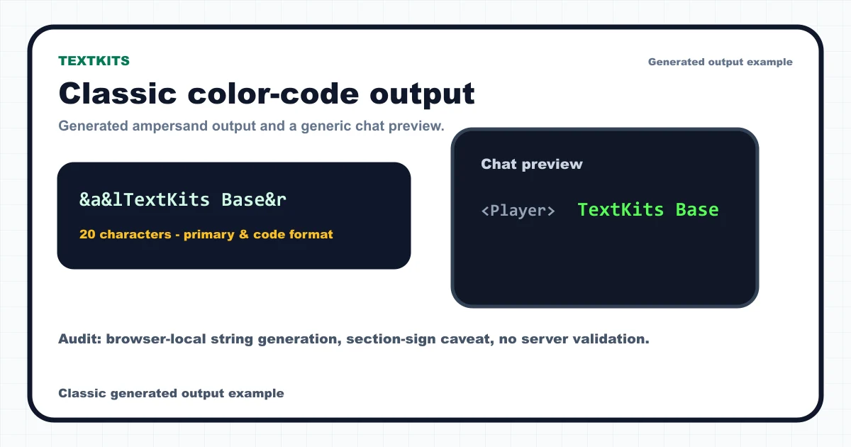 Generated Minecraft ampersand color-code text with a generic chat preview