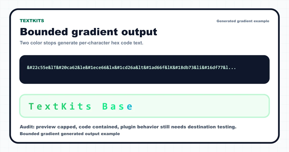 Generated Minecraft hex gradient text output with a green-to-aqua TextKits preview