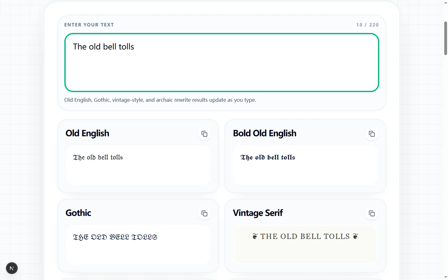 Old Timey Text Generator showing four tested decorative versions of The old bell tolls