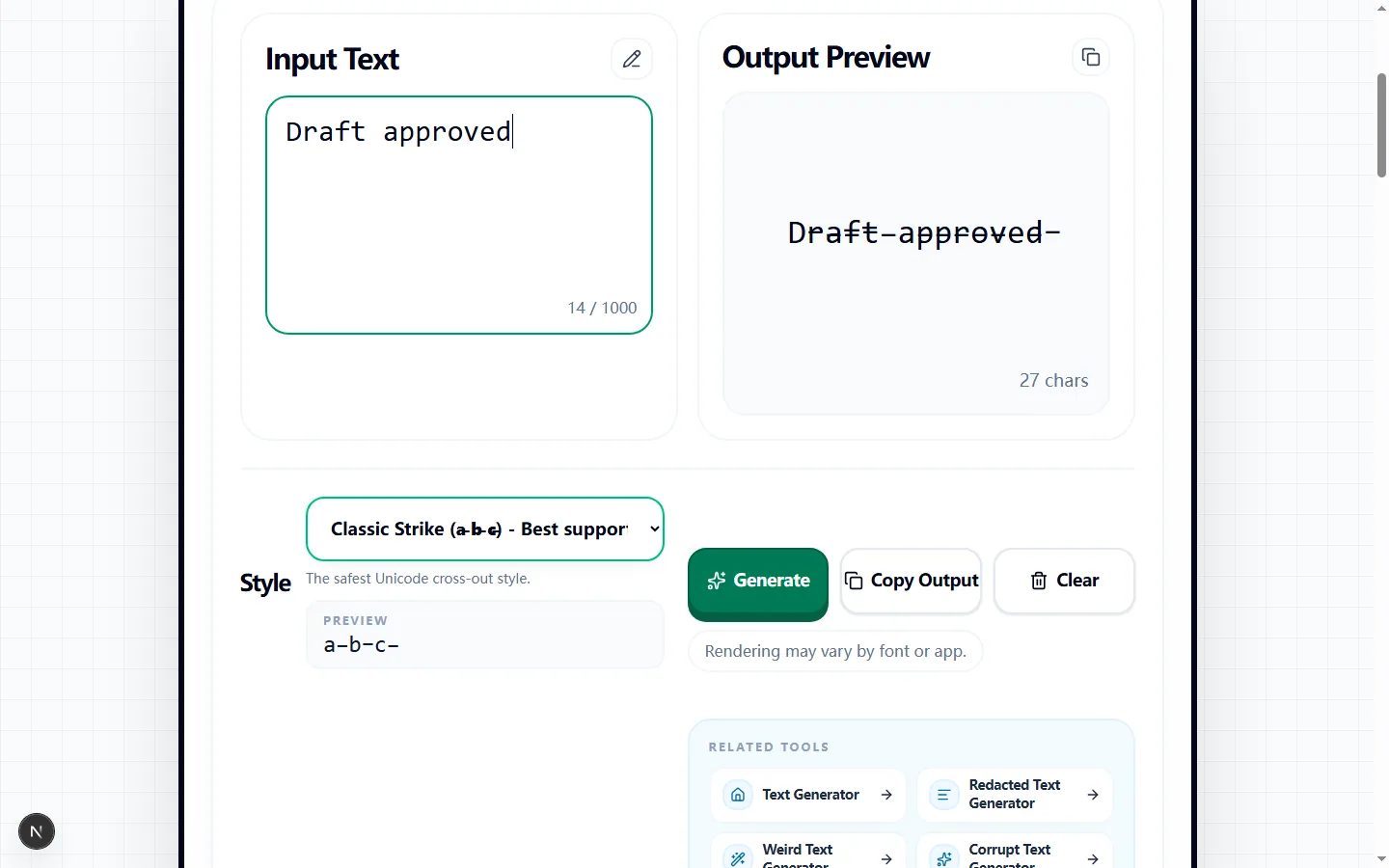 Strike Through Text Generator showing a tested crossed-out Draft approved result