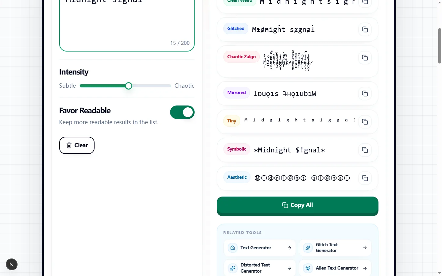 Weird Text Generator showing multiple tested Unicode versions of Midnight signal